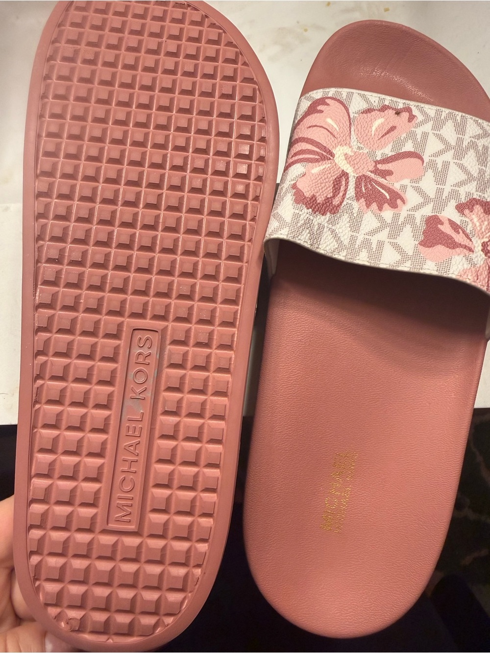 Women's Michael Kors Pink Floral Slide Sandals - Picture 2 of 3